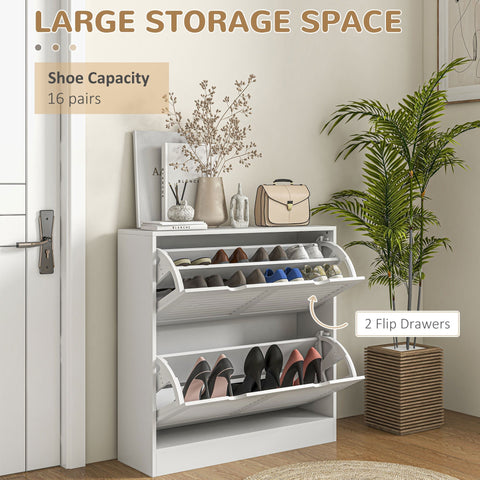 White multi tiered shoe storage cabinet with 2 flip drawers louvred doors holds 16 pairs for entryway storage