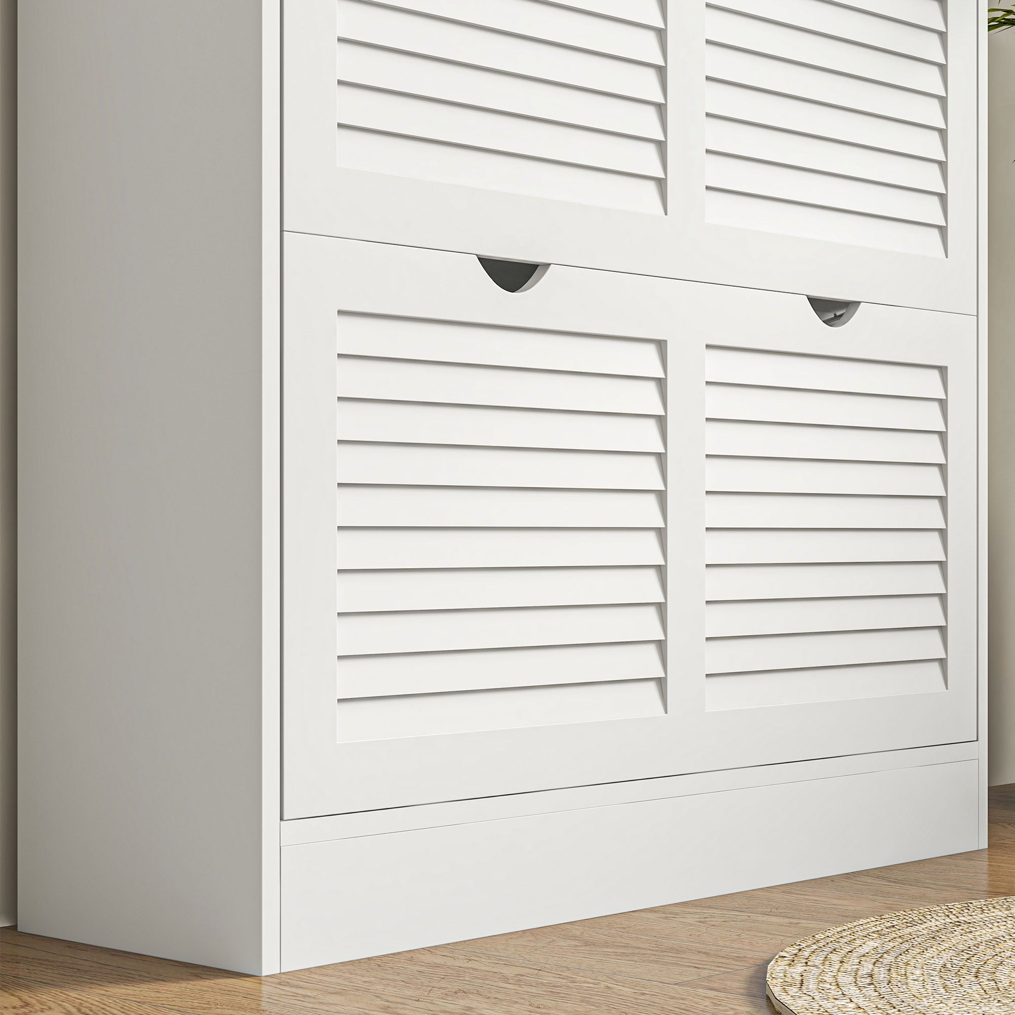 White louvered shoe storage cabinet with black handles and 2 flip drawers for organizing up to 16 pairs of shoes