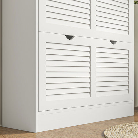White louvered shoe storage cabinet with black handles and 2 flip drawers for organizing up to 16 pairs of shoes