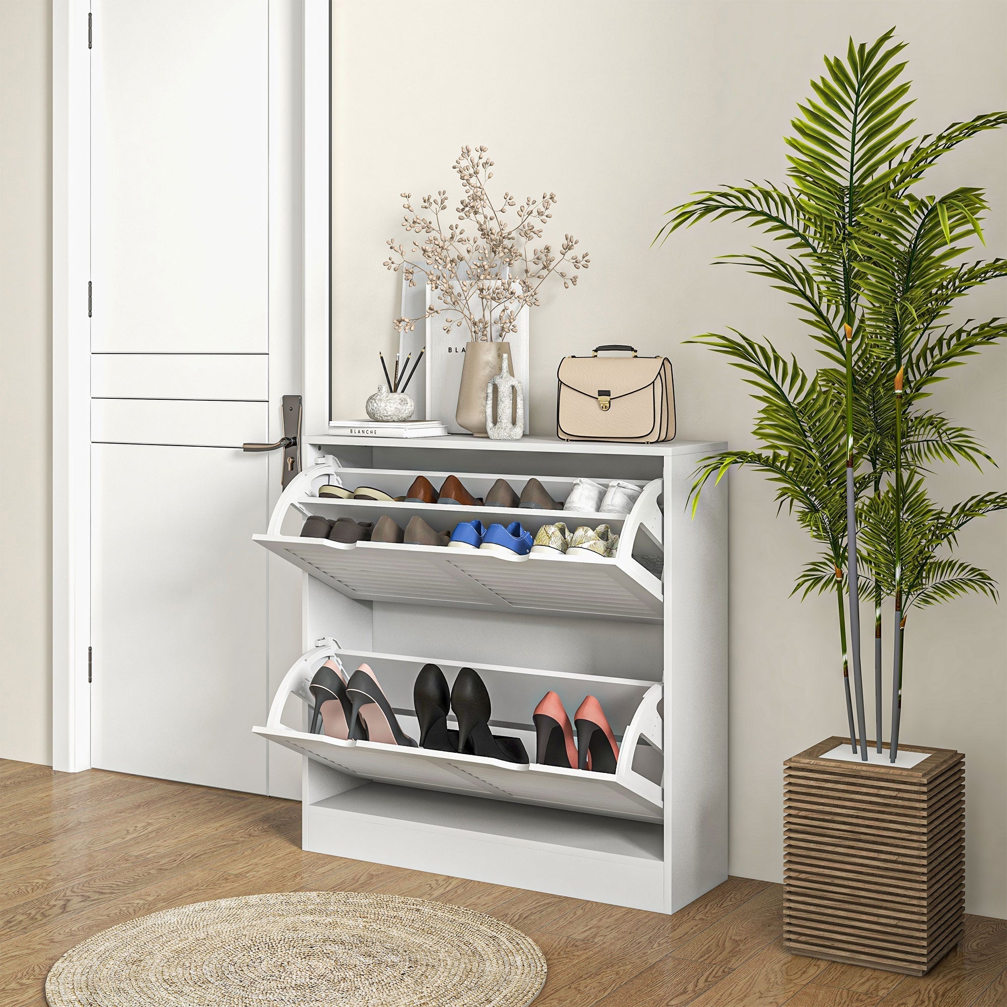 White modern multi-tiered shoe storage cabinet with sliding louvred doors and adjustable shelves for 16 pairs of shoes