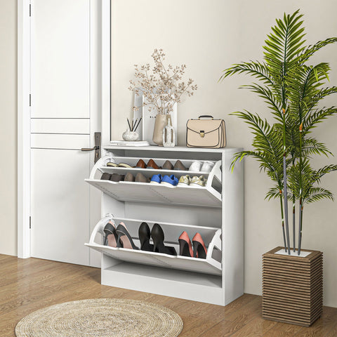 White modern multi-tiered shoe storage cabinet with sliding louvred doors and adjustable shelves for 16 pairs of shoes