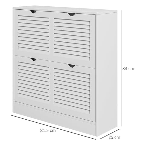 White two-door shoe storage cabinet with slatted front panels black handles and adjustable shelves for entryway storage