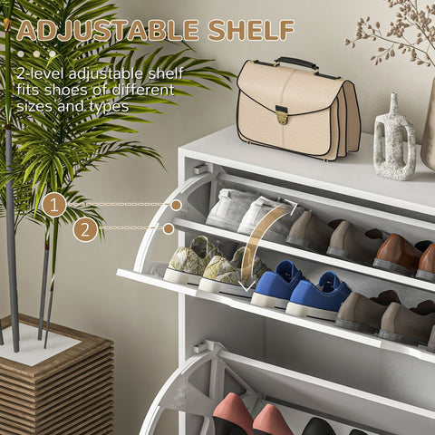 White adjustable two-level shoe storage cabinet with louvred doors and flip drawers for organizing shoes