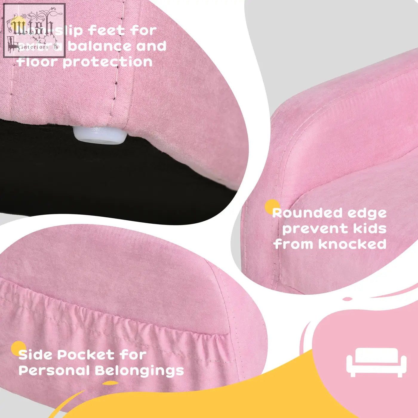 Pink plush kids armchair sofa bed with wood frame and side pocket for personal belongings in bedroom or playroom