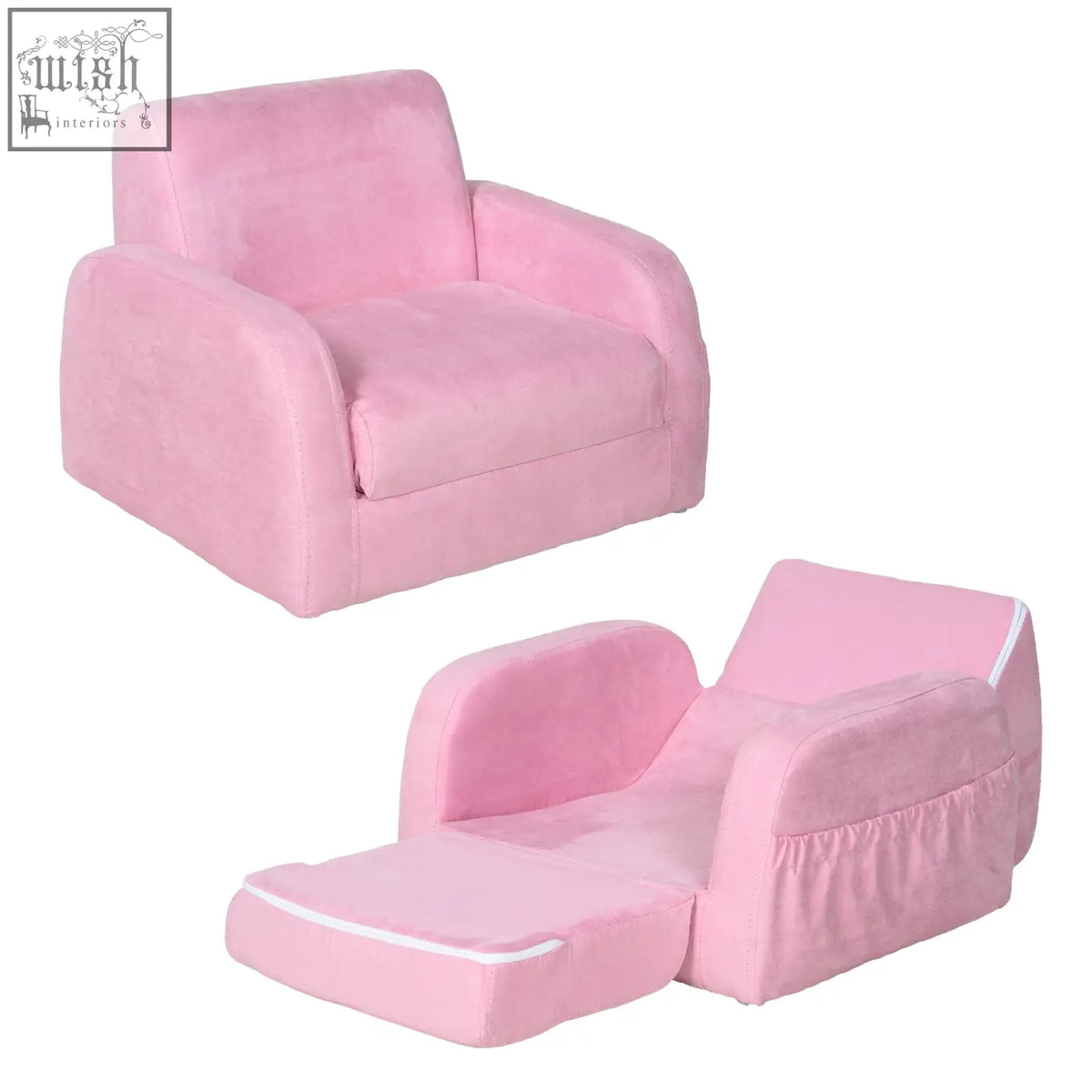Pink plush homcom kids armchair sofa bed with wood frame and white piping perfect for bedroom and playroom