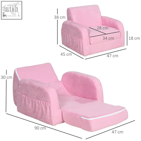 Pink plush kids armchair with soft fabric white trim wood frame 2-in-1 sofa bed for bedroom and playroom