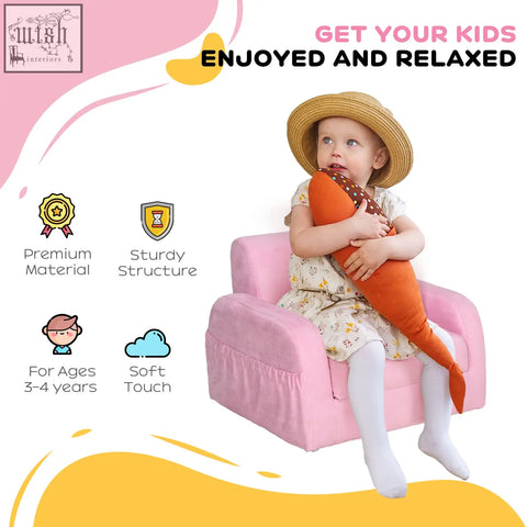 Pink toddler sofa bed kids armchair with soft plush fabric and wood frame for bedroom and playroom use