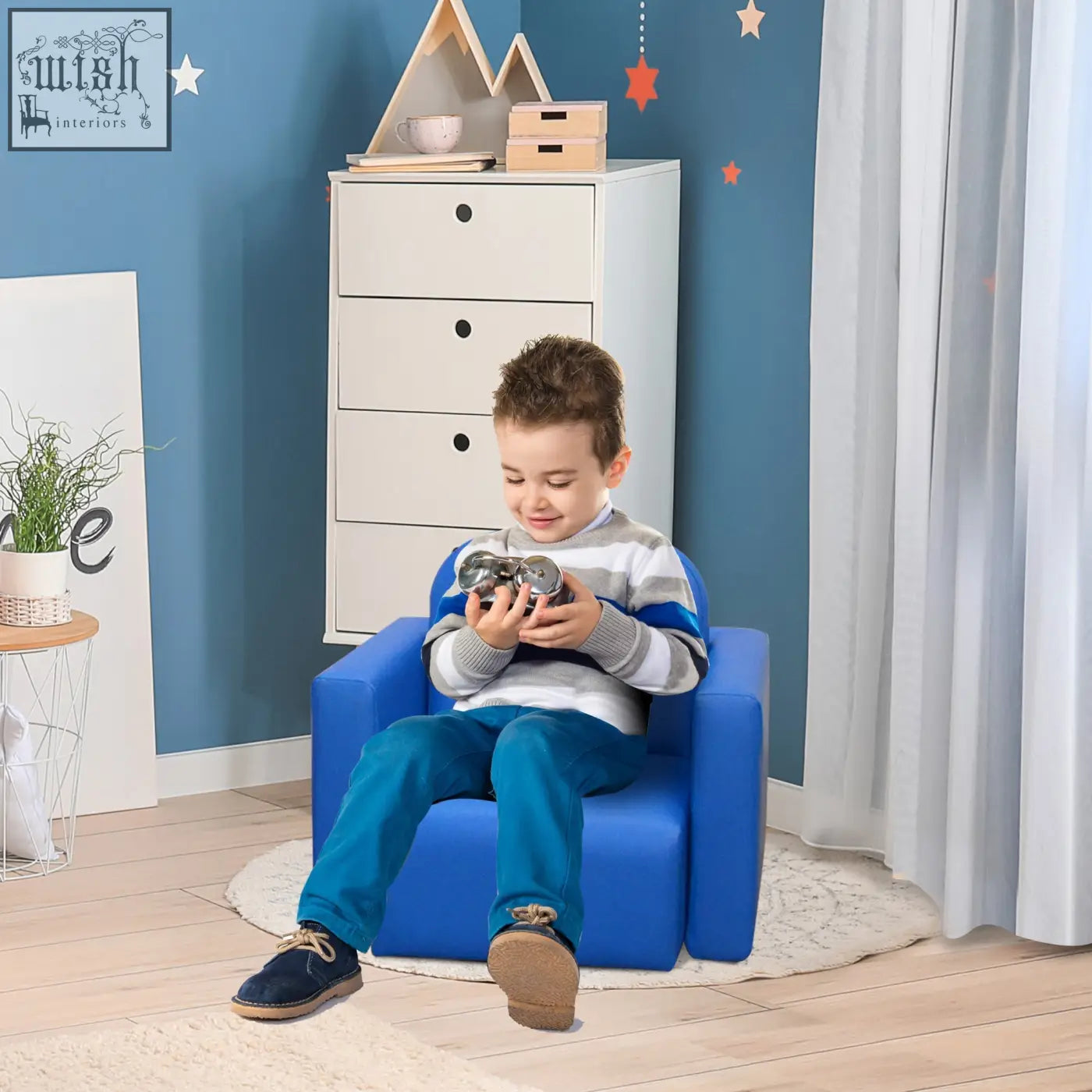 Blue upholstered toddler sofa chair with wooden frame and rounded corners perfect for game relax playroom