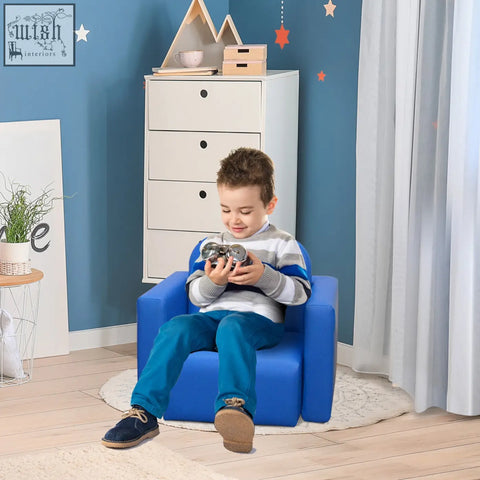 Blue upholstered toddler sofa chair with wooden frame and rounded corners perfect for game relax playroom