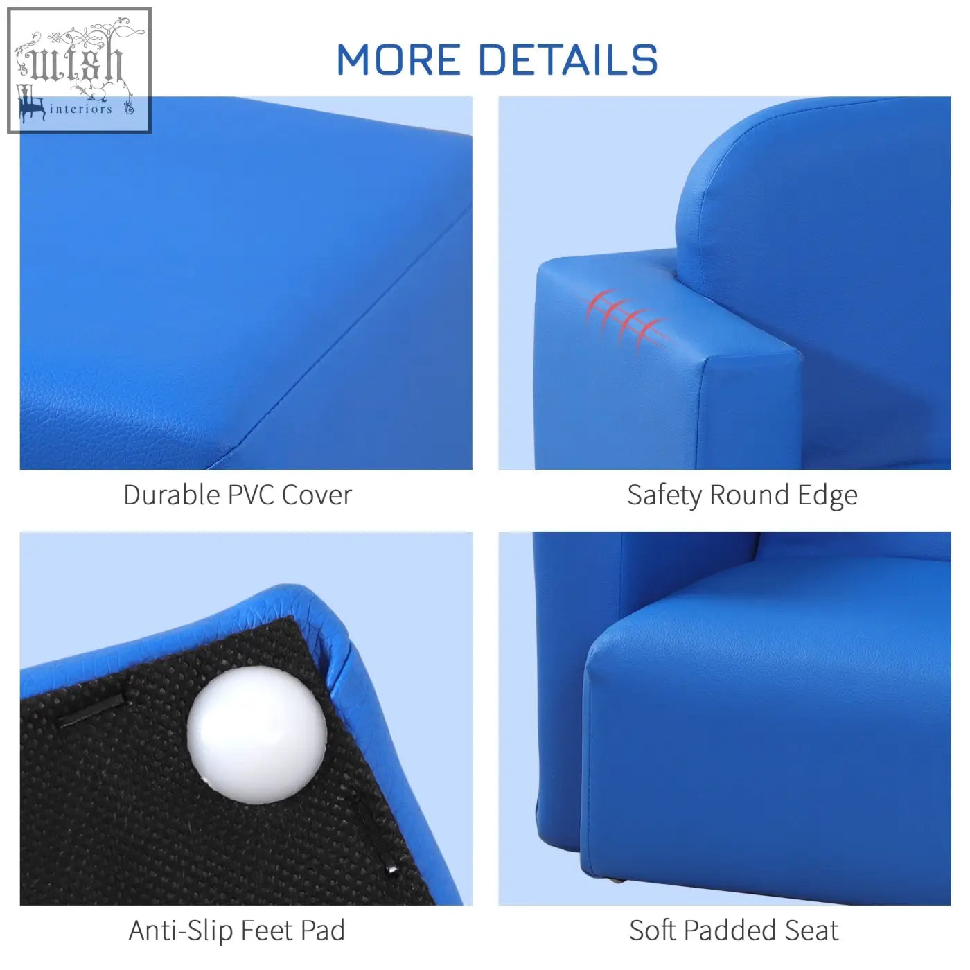 Blue toddler sofa chair with wooden frame, durable pvc cover, safety edges, and soft padded seat for playroom fun