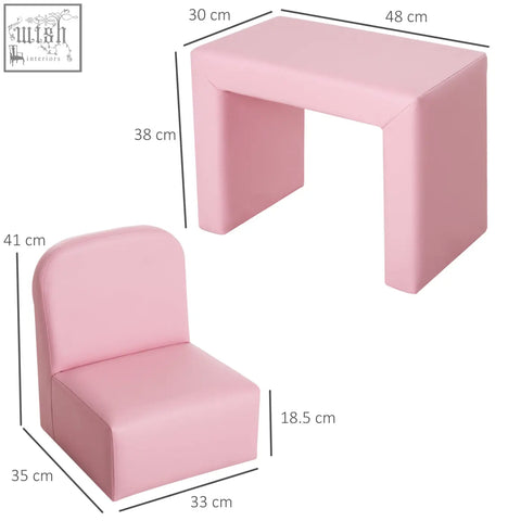 Pink faux leather toddler sofa chair and matching table set with wooden frame for game relax playroom