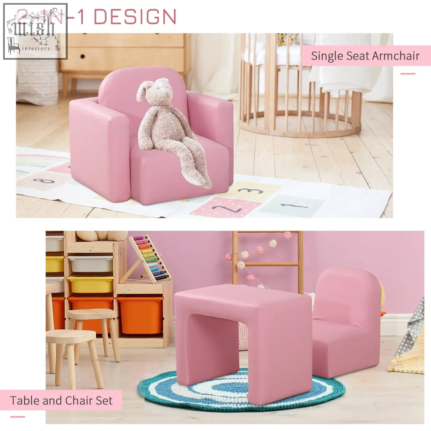 Pink upholstered toddler sofa chair with wooden frame soft plush texture perfect for game relax playroom