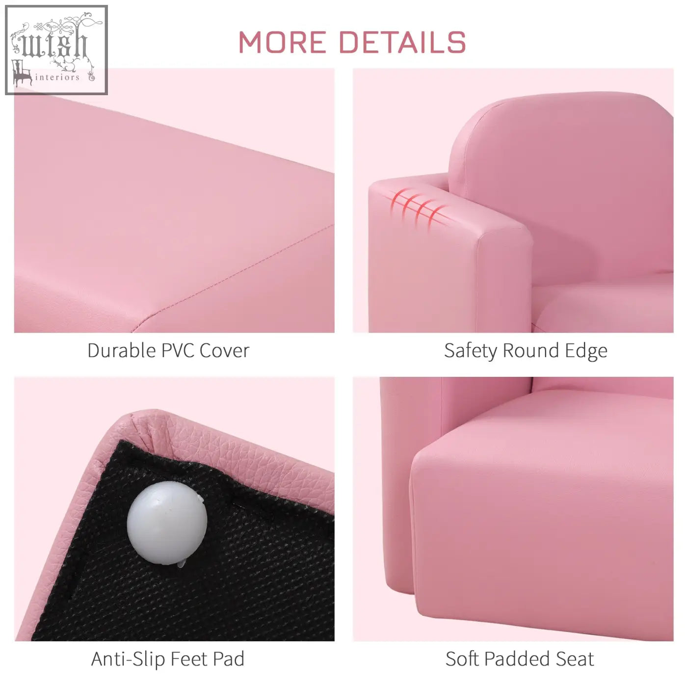 Pink toddler sofa chair with wooden frame, durable pvc cover, safety round edges, and soft padded seat for playroom