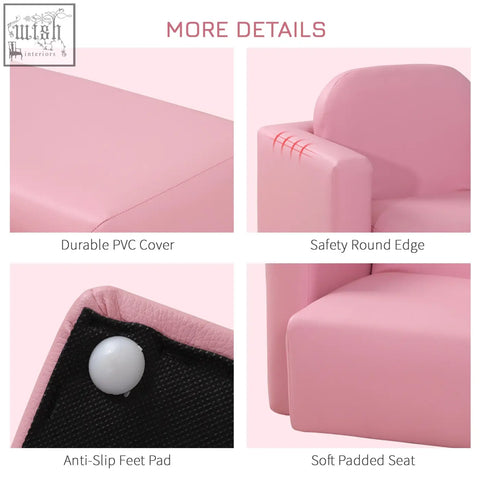 Pink toddler sofa chair with wooden frame, durable pvc cover, safety round edges, and soft padded seat for playroom