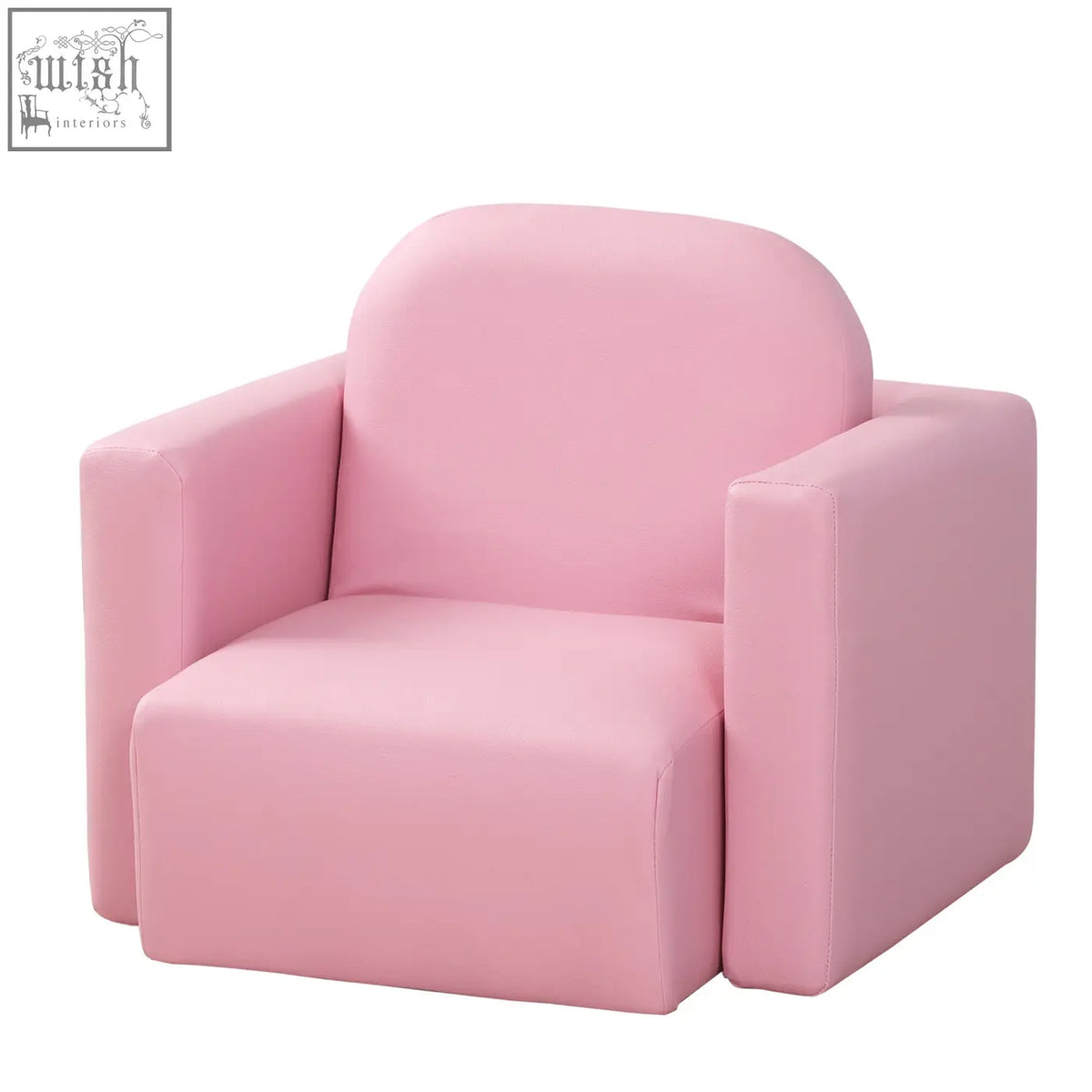 Pink upholstered toddler sofa chair with wooden frame, rounded back and square arms for playroom and game use