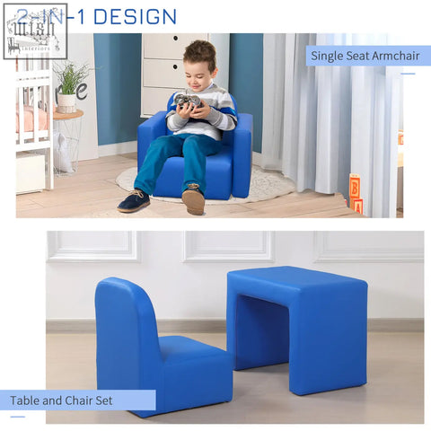 Bright blue plush cushioned toddler sofa chair with wooden frame and 2 in 1 table for playroom and relaxation