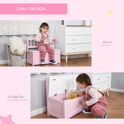 Pink wooden 2 in 1 kids storage bench and toy box with safety pneumatic rod by HOMCOM