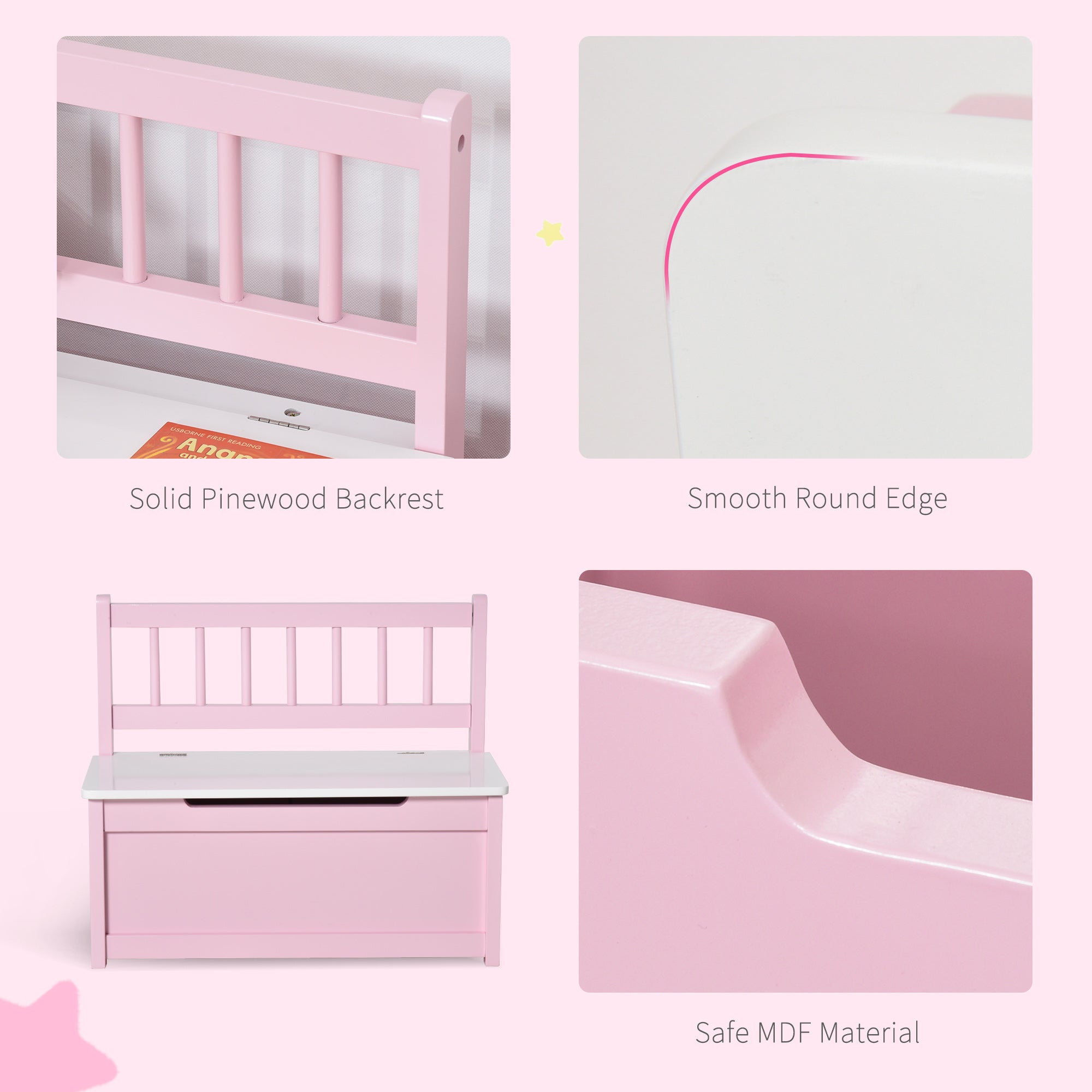 Pink solid pinewood kids storage bench with white drawer and smooth edges made from safe mdf material toy box seat organizer