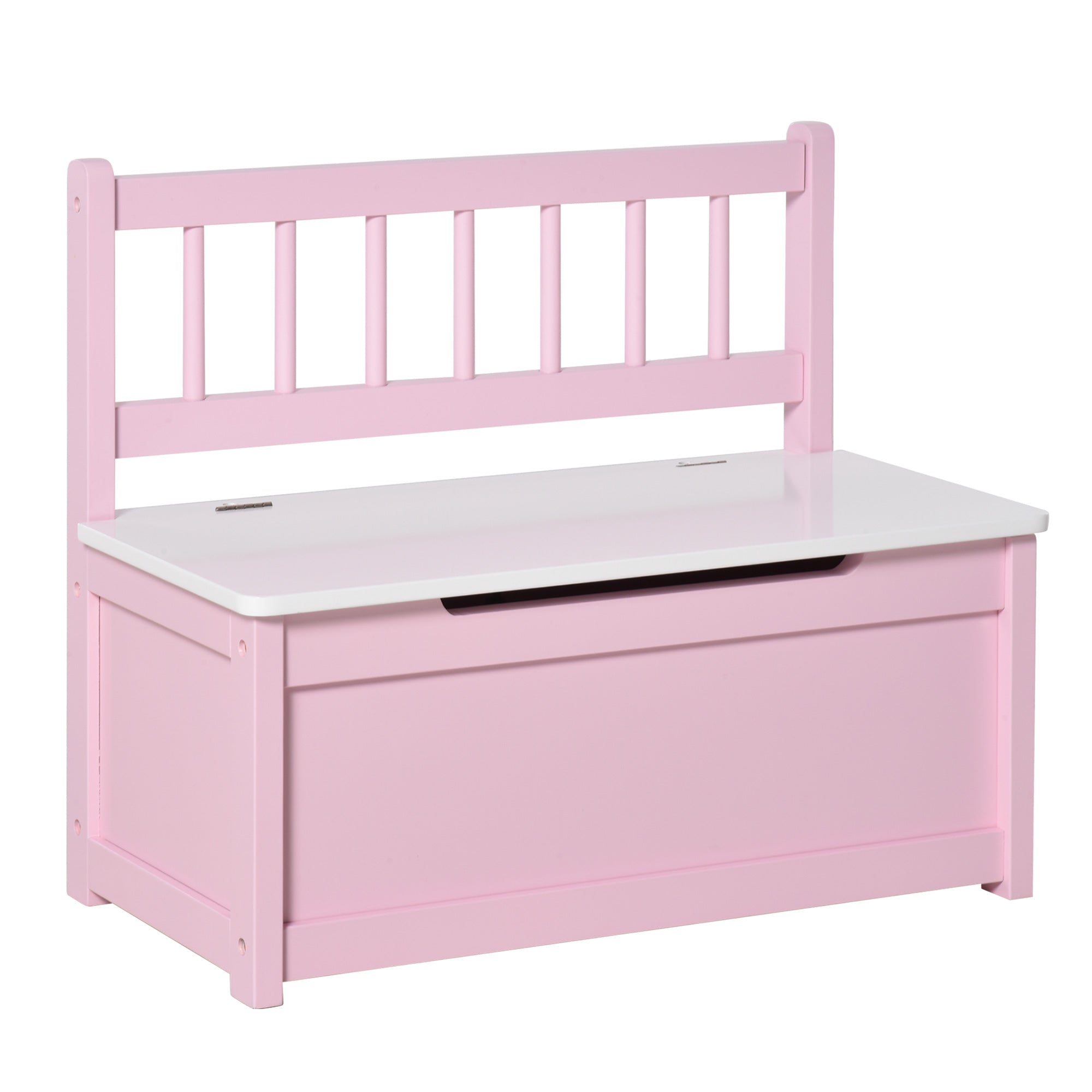 Pink wooden kids storage bench with white lid and vertical slat backrest from HOMCOM 2 in 1 toy box