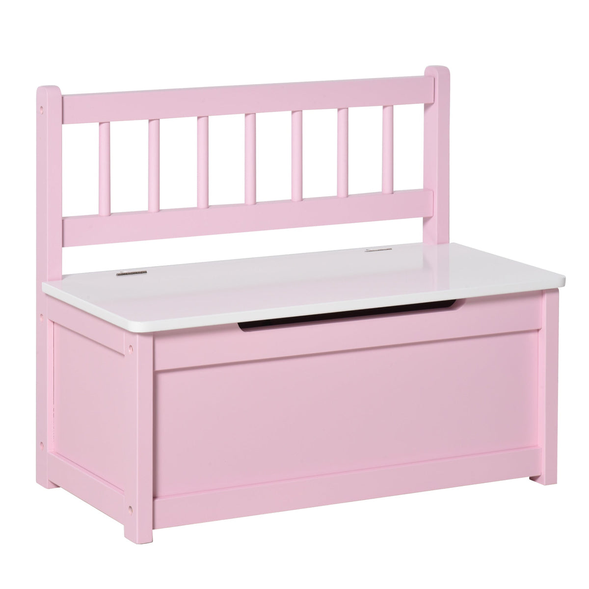 Pink wooden kids storage bench with white lid and vertical slat backrest from HOMCOM 2 in 1 toy box