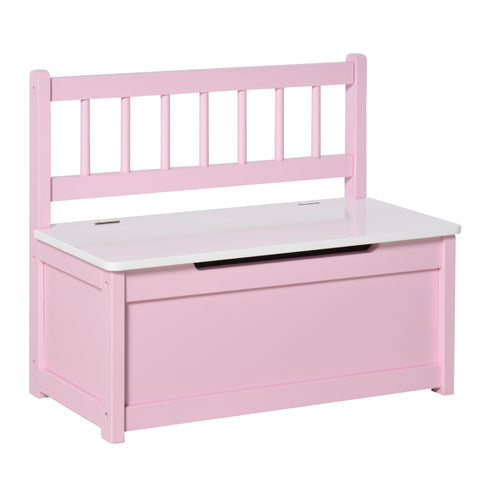 Pink wooden kids storage bench with white lid and vertical slat backrest from HOMCOM 2 in 1 toy box