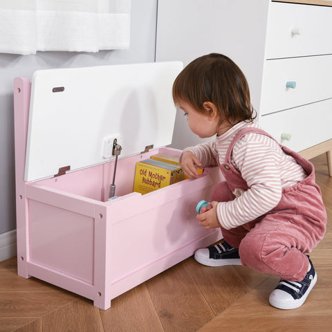 Pink wooden HOMCOM 2 in 1 kids storage bench toy box with white lid metal hinges and safety pneumatic rod