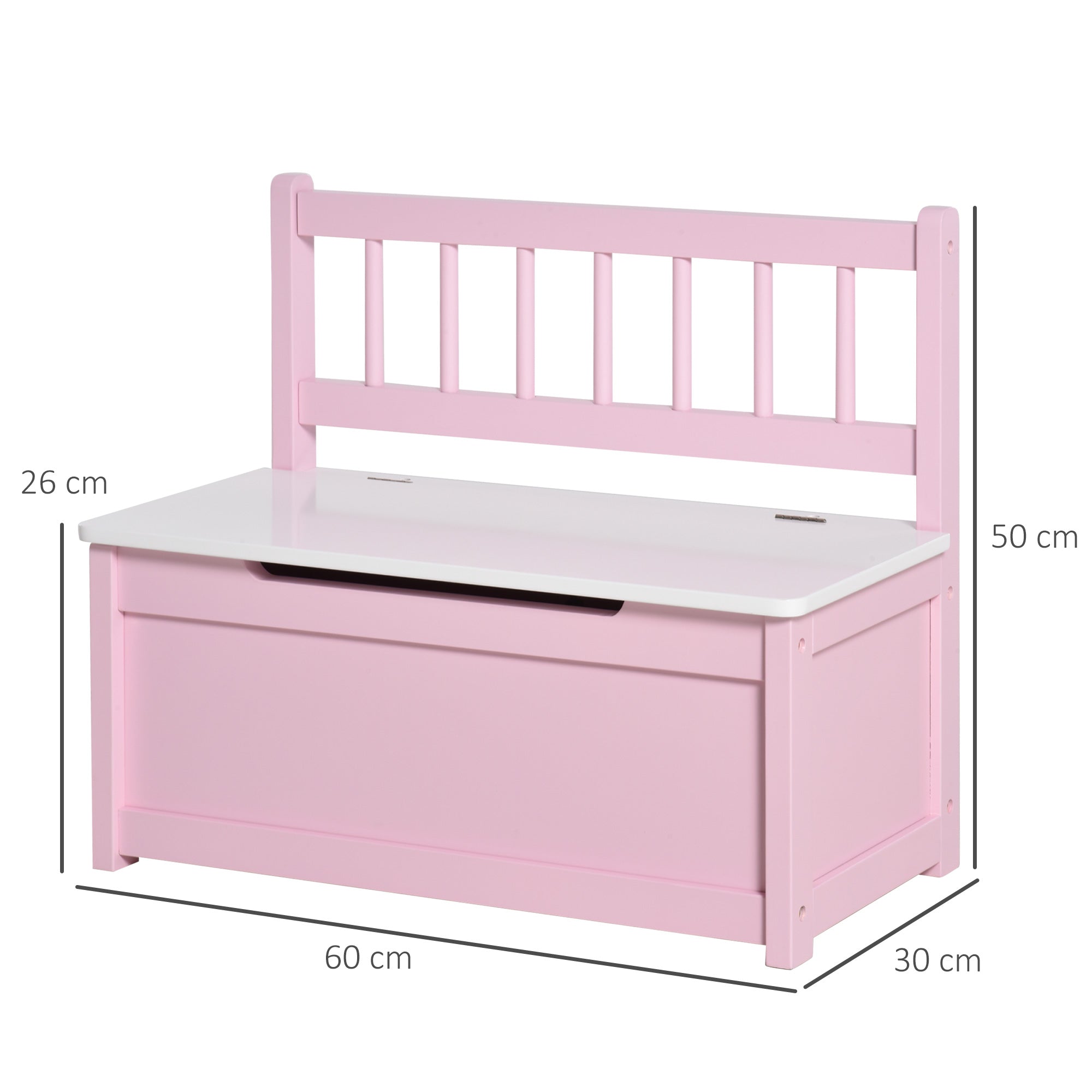 Pink wooden kids storage bench with white lid and slatted backrest for toy box and seat storage by HOMCOM