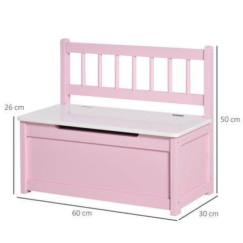 Pink wooden kids storage bench with white lid and slatted backrest for toy box and seat storage by HOMCOM