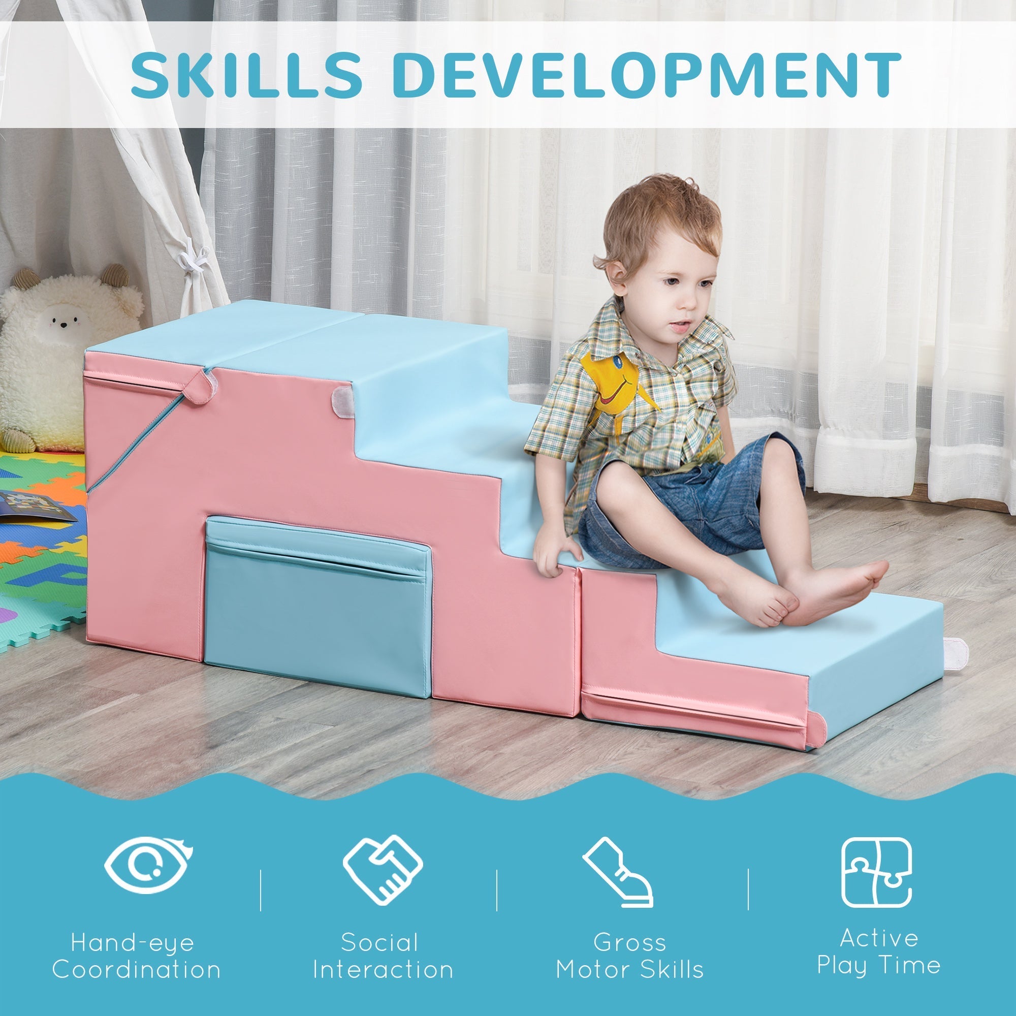 Homcom 2-piece soft play set with pink and blue epe foam steps helps gross motor development for toddlers