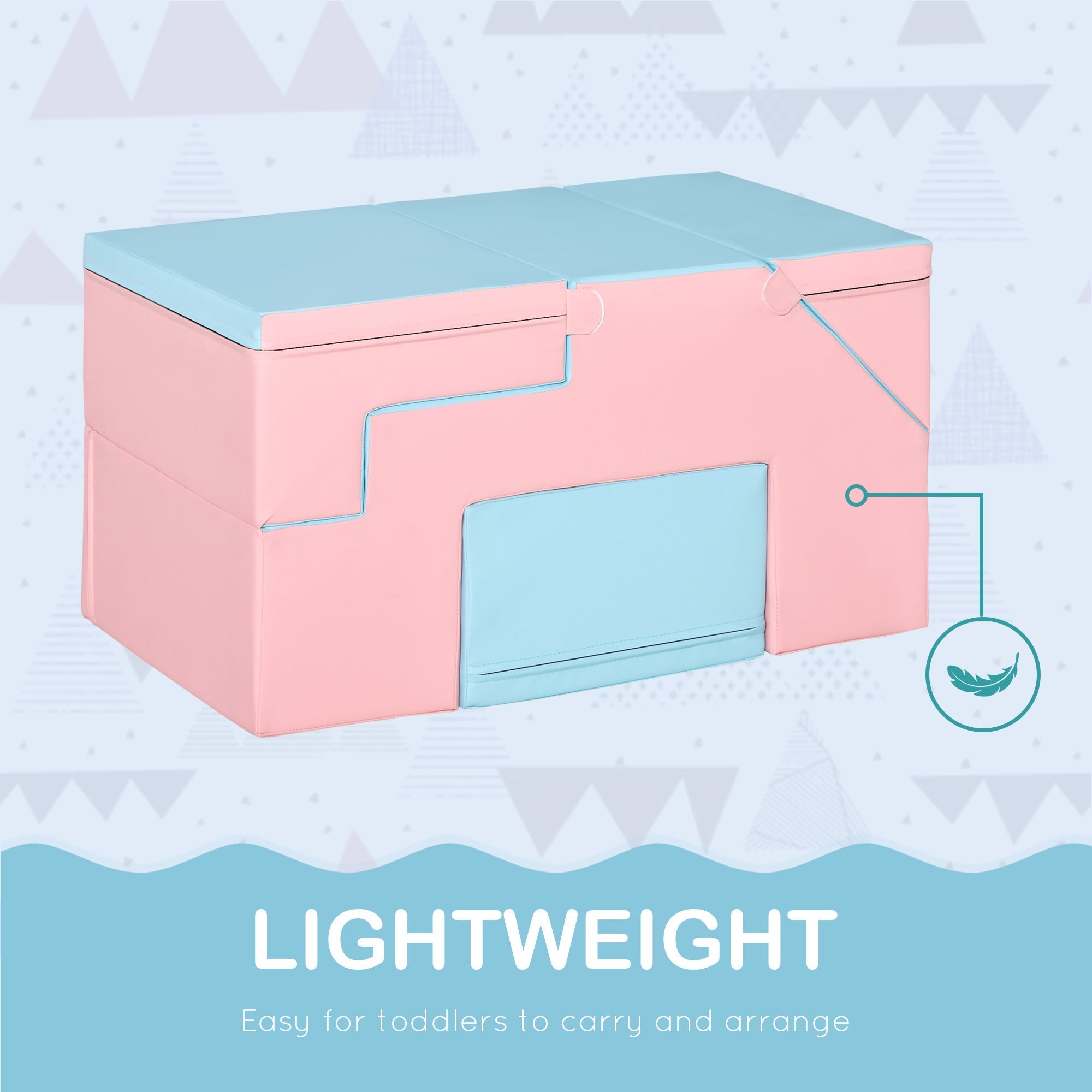 Pastel pink and light blue foldable storage box in epe foam helps gross motor development for toddlers 1-3 years