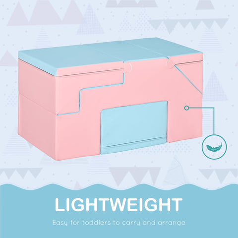 Pastel pink and light blue foldable storage box in epe foam helps gross motor development for toddlers 1-3 years