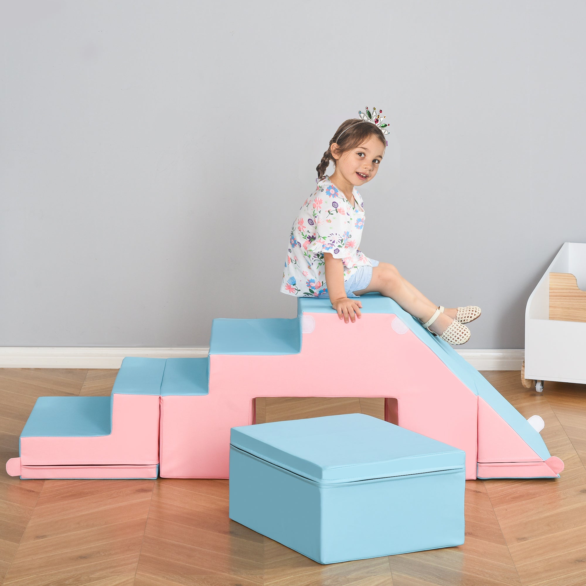 Homcom 2-piece soft play set in pink and light blue epe foam helps gross motor development with slide storage and steps