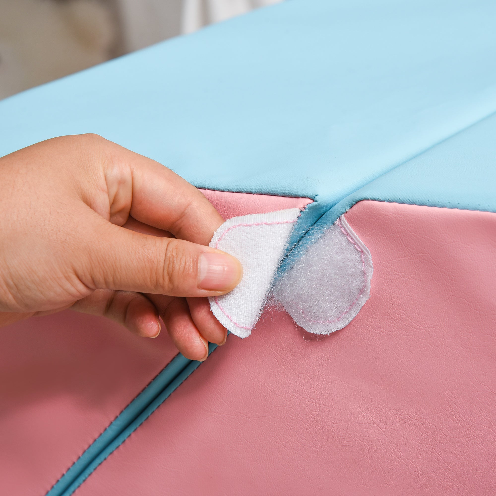Pink and light blue padded storage bin with white felt patch from homcom epe foam set helps gross motor development