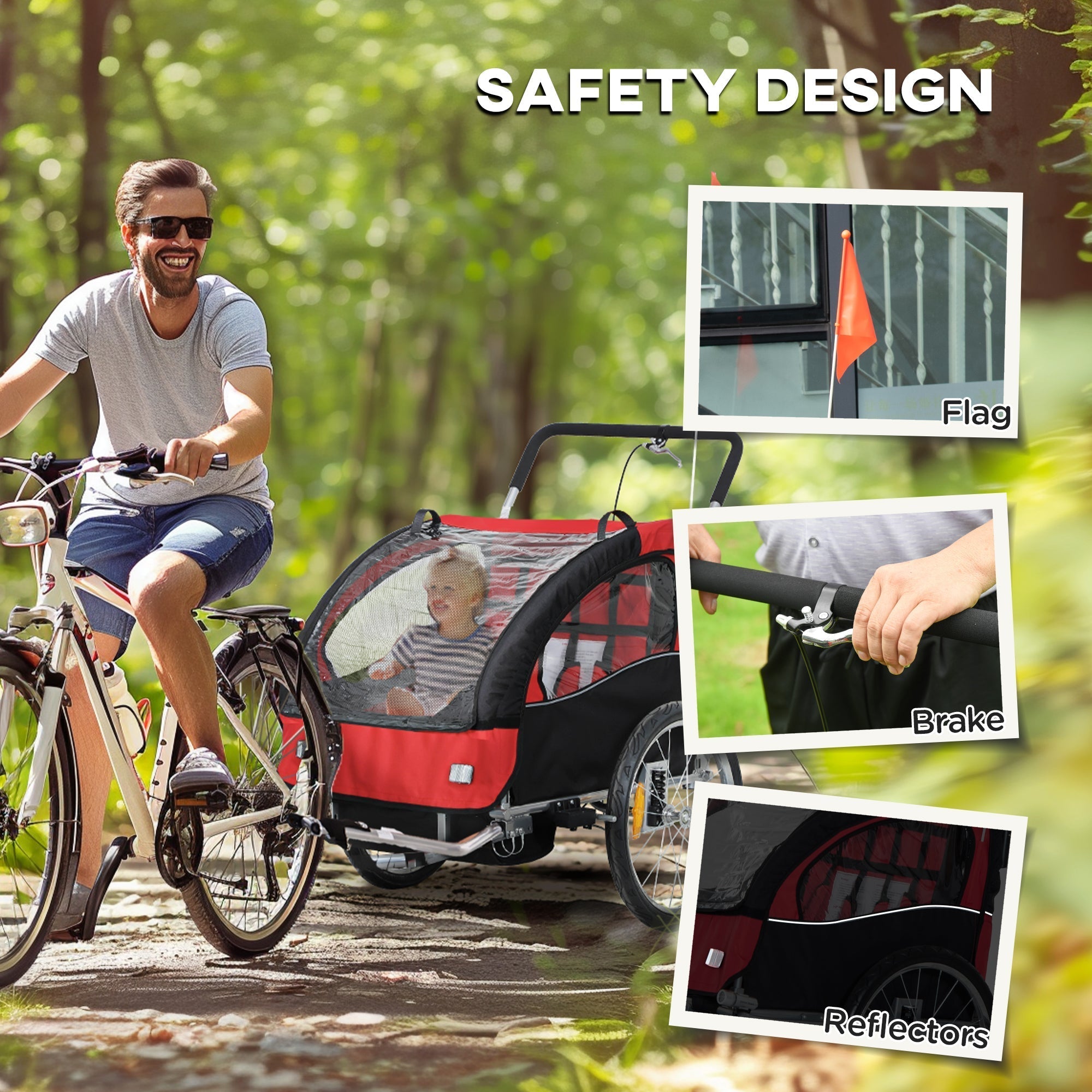 Red and black homcom 2 seat bike trailer with steel frame safety flag brake reflectors for kids 18+ months