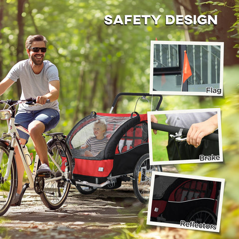 Red and black homcom 2 seat bike trailer with steel frame safety flag brake reflectors for kids 18+ months
