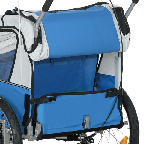 Blue and white homcom 2 seat bike trailer with steel frame, 5 point harness, safety flag, and black trim