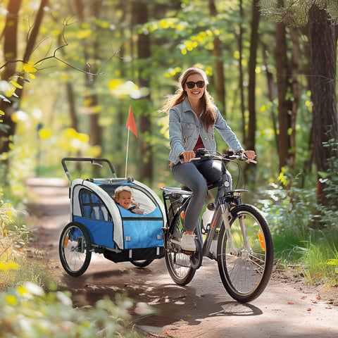 Blue and white homcom 2 seat baby bike trailer with 5 point harness safety flag and reflectors 84w x 108h