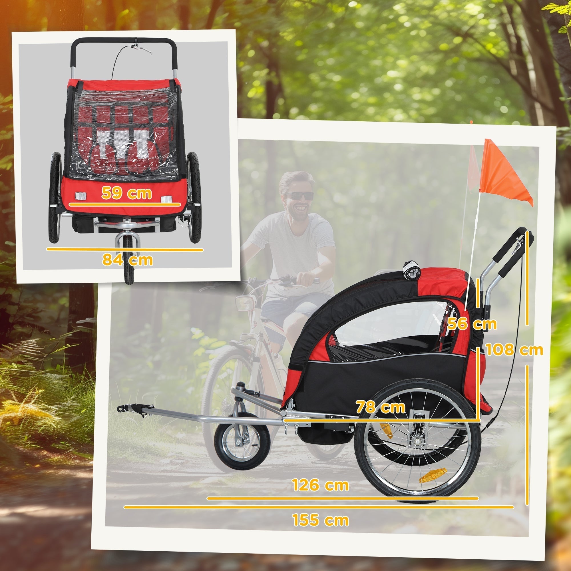 Red and black homcom 2 seat bike trailer with steel frame mesh front panel and orange safety flag for kids 18+ months