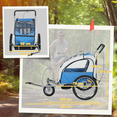 Blue and white HOMCOM 2 seat bike trailer with steel frame black wheels and red safety flag for kids 18+ months