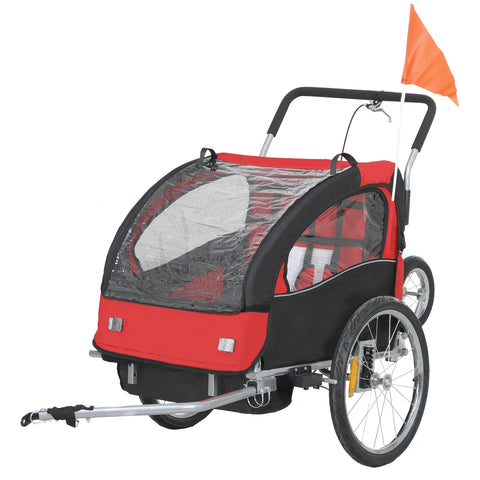 Red and black homcom 2 seat bike trailer with mesh sides silver frame 5 point harness and safety flag for baby bike use