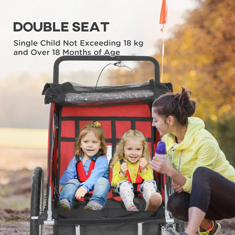 Red and black homcom 2 seat bike trailer with mesh canopy 5 point harness safety flag and reflectors for baby bike use