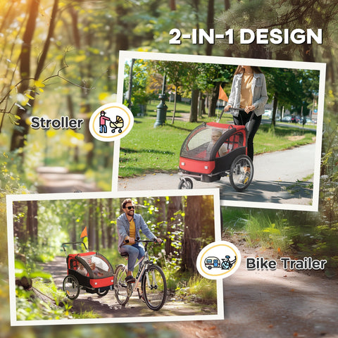 Red and black homcom 2 seat bike trailer with transparent canopy 5 point harness safety flag baby bike stroller 84w x 108h