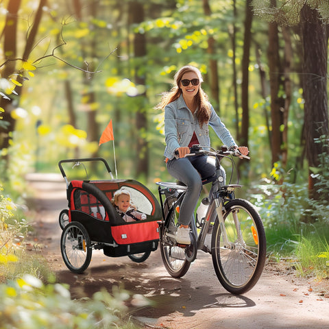 Red and black homcom 2 seat bike trailer with steel frame 84w x 108h and safety flag for kids 18+ months
