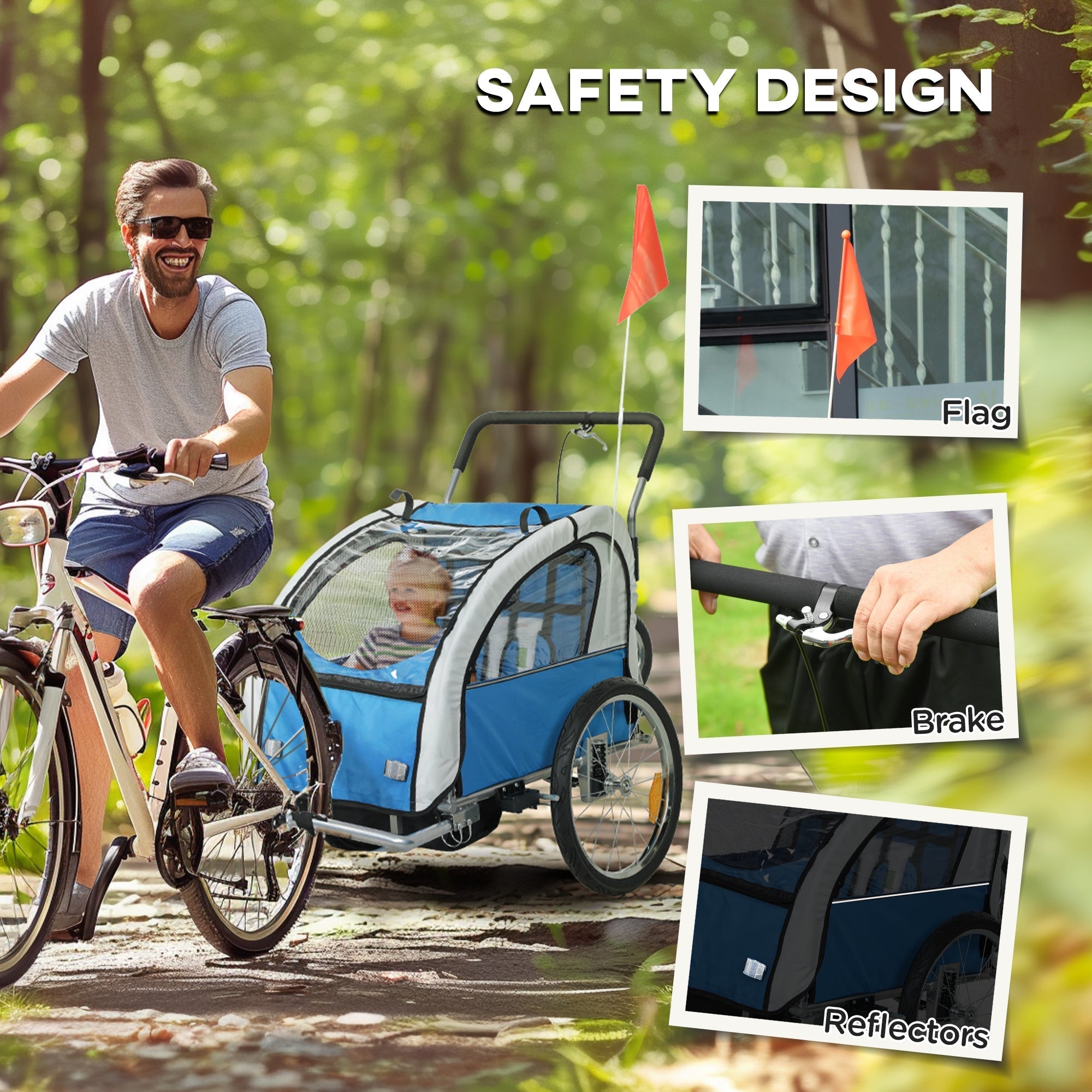 Blue and gray HOMCOM 2 seat bike trailer with mesh sides steel frame safety flag and reflectors for kids 18+ months