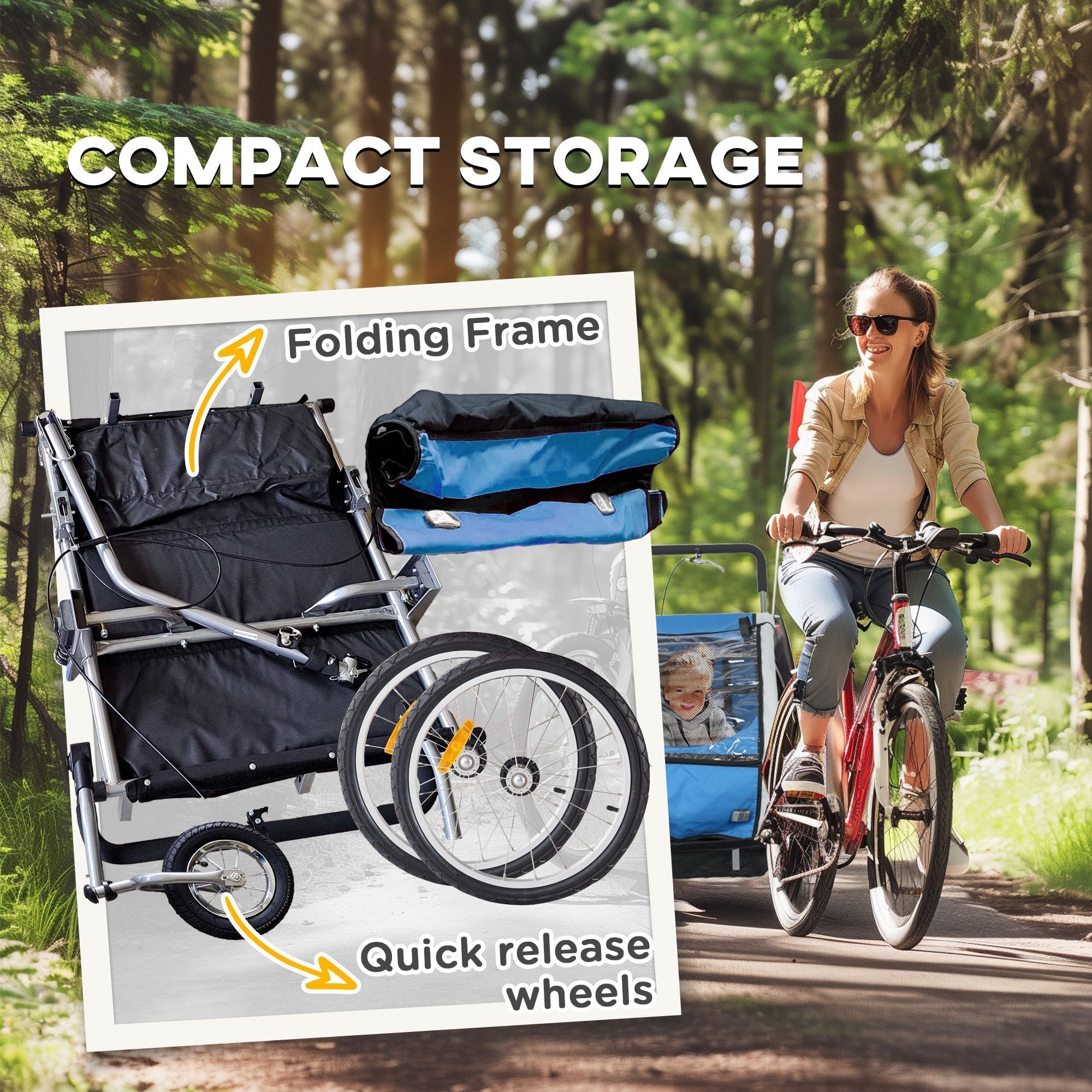 Blue and black homcom baby bike trailer with quick release wheels 84w x 108h 2 seat and 5 point harness