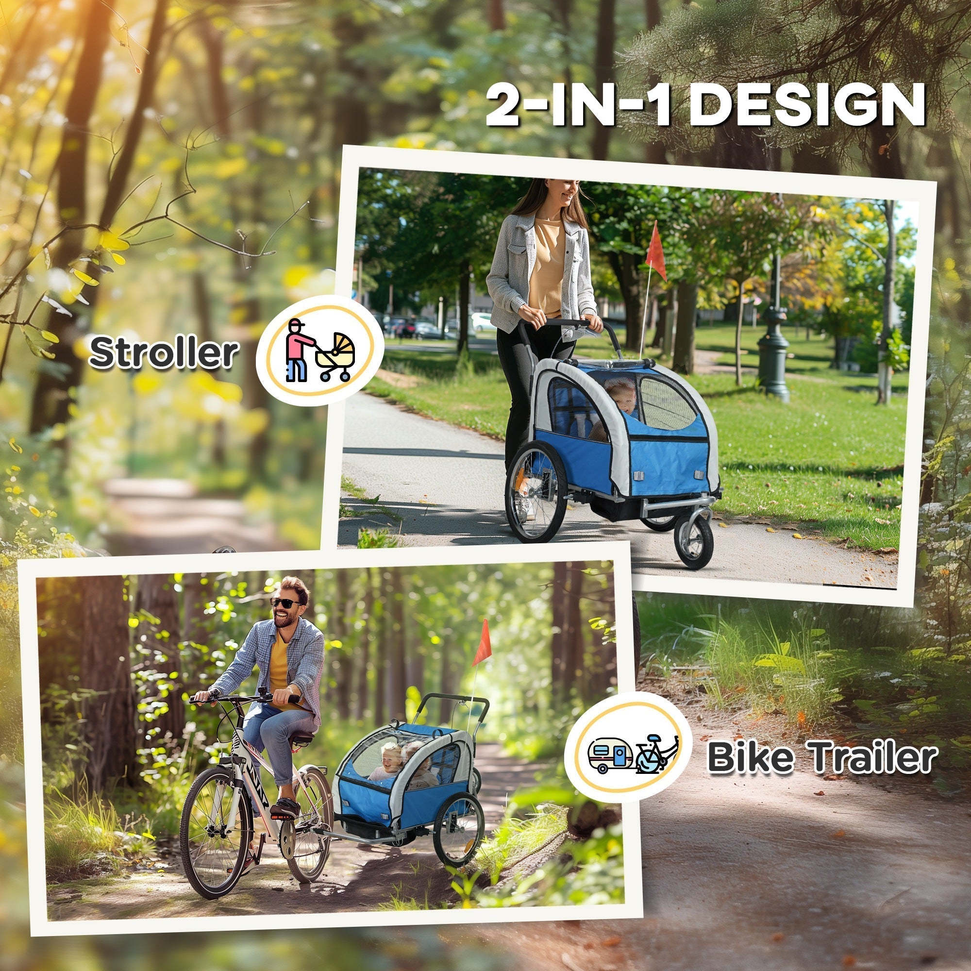 Blue and white homcom 2 seat baby bike trailer with canopy, 5 point harness, reflectors, and safety flag, 84w x 108h