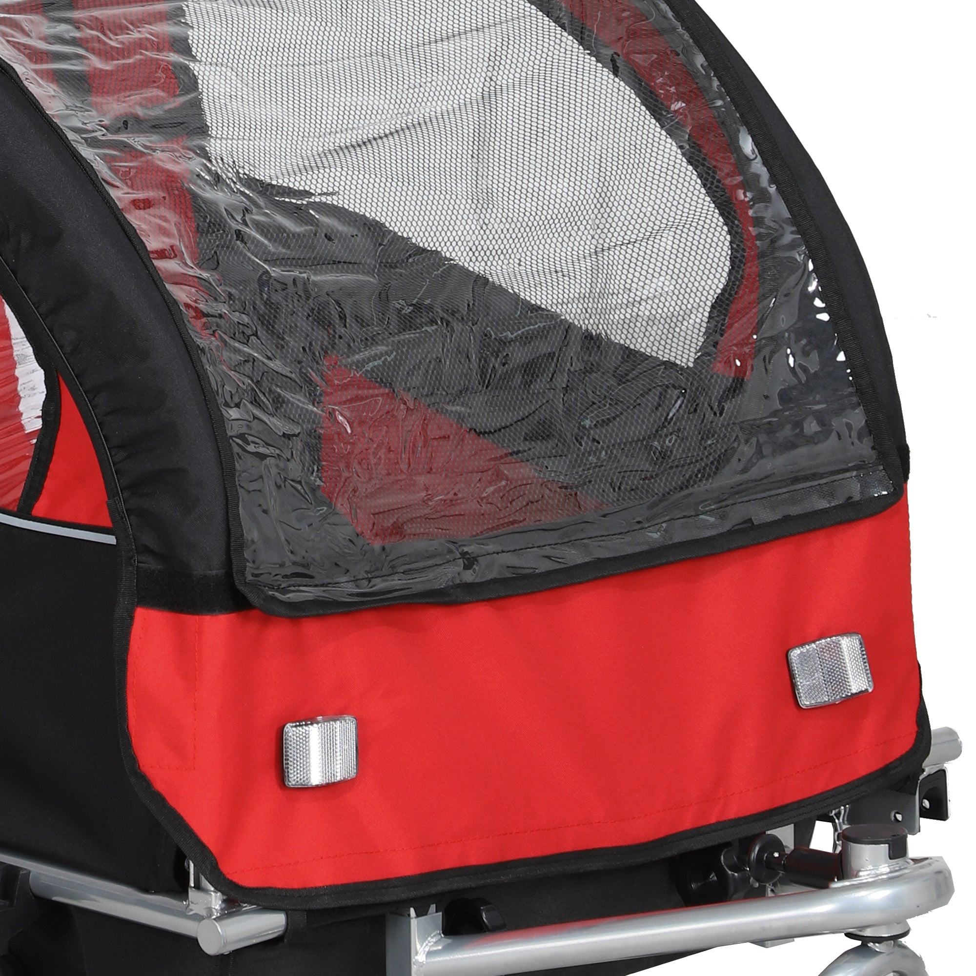 Red and black HOMCOM 2 seat bike trailer with clear plastic mesh sides reflective strips for baby bike 84w x 108h