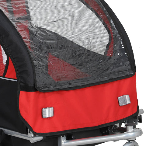 Red and black HOMCOM 2 seat bike trailer with clear plastic mesh sides reflective strips for baby bike 84w x 108h