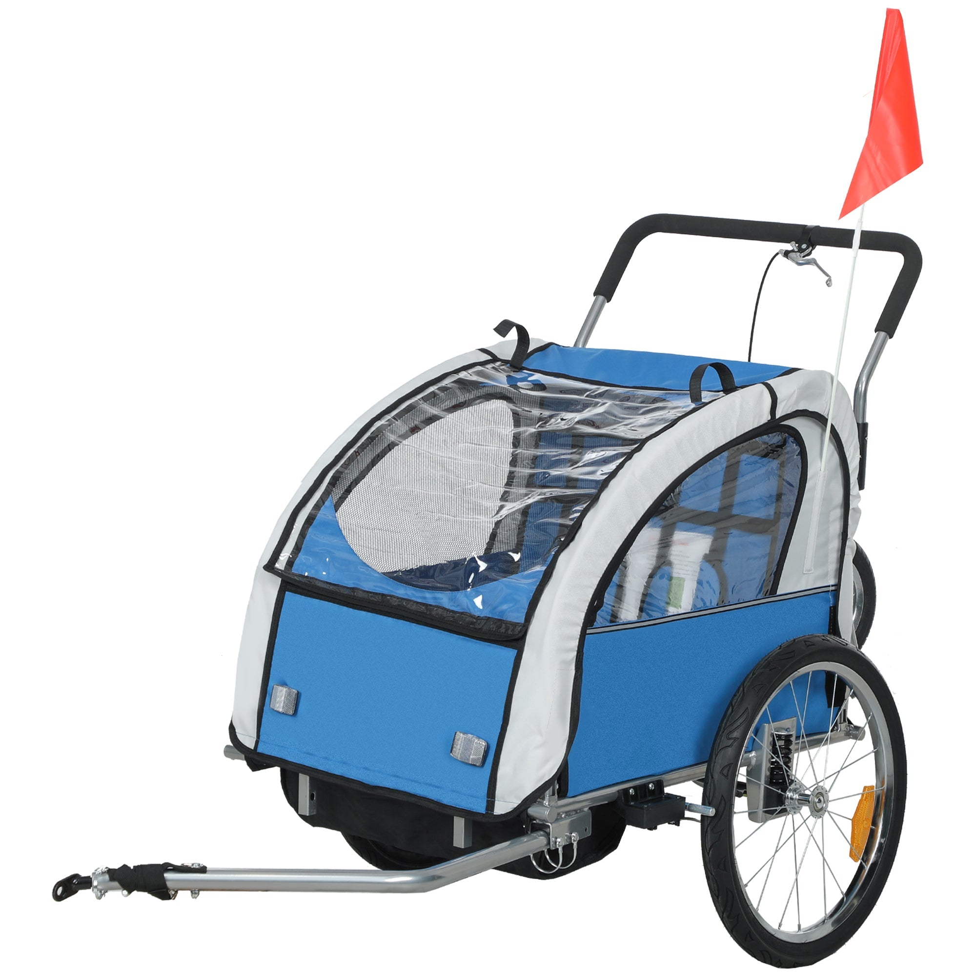 Back view of homcom blue and white bike trailer with steel frame handlebars mesh windows and red safety flag 84w x 108h
