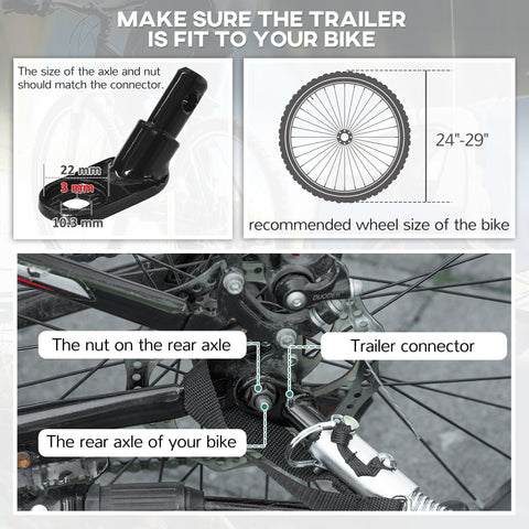 Black metal bike trailer connector for homcom 2 seat bike trailer with 22mm axle steel frame and 3mm nut dimensions